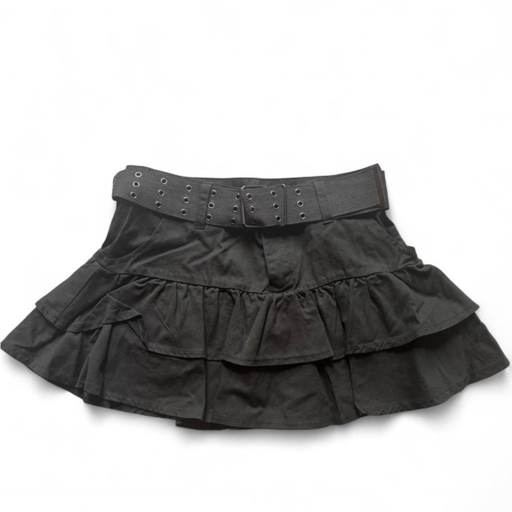 Chic Army Green Ruffled Mini Skirt with Belt